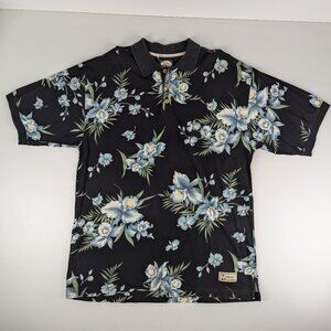 Tommy Bahama Hawaiian Floral Polo Shirt Mens Size Large Black Vintage